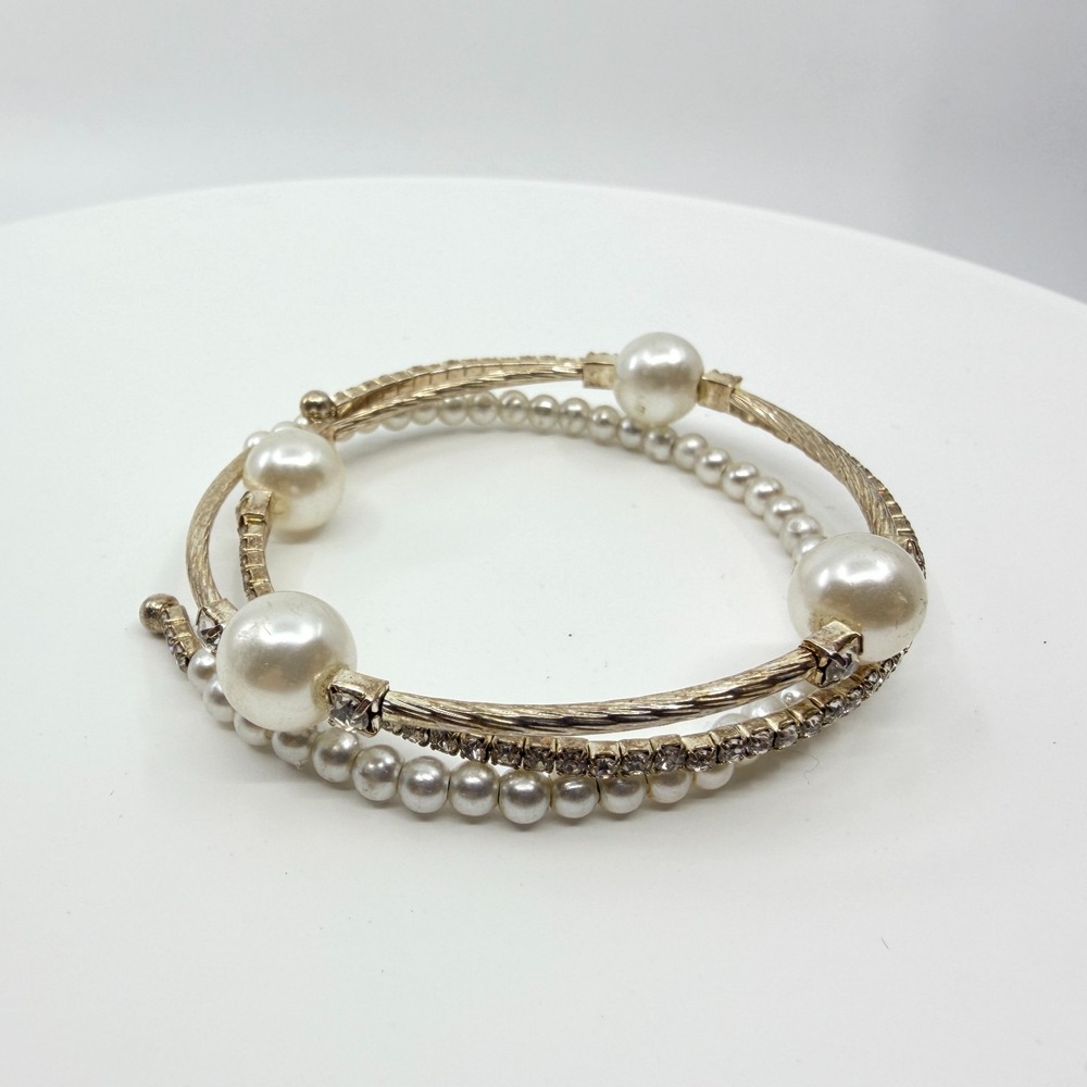 Vintage Gold Tone Faux Pearl Rhinestone Coil Wrap Cuff Bracelet